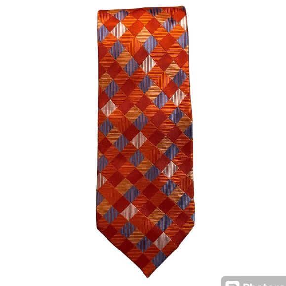 Stafford Essentials Mens Tie Orange Blue Gingham Traditional Silk NeckTie Preppy - Picture 1 of 6